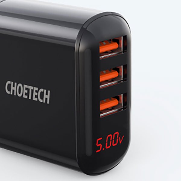 CHOETECH 3-Port USB Wall Charger with Digital Display Q5009 - Black - Image 2