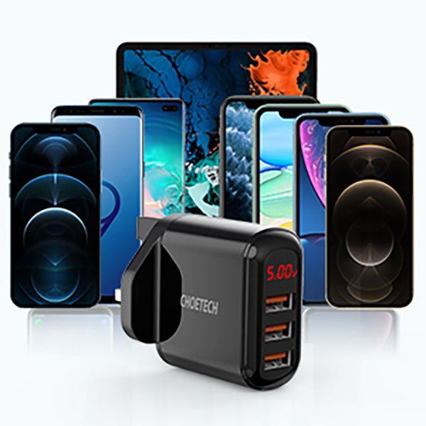 CHOETECH 3-Port USB Wall Charger with Digital Display Q5009 - Black - Image 5