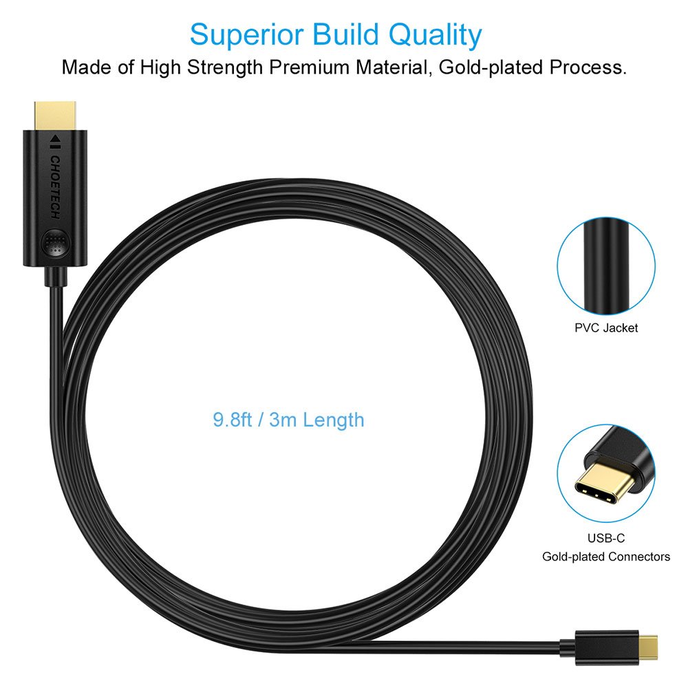 CHOETECH USB-C to HDMI Cable (10ft/3m) XCH-0030 - Black - Image 4