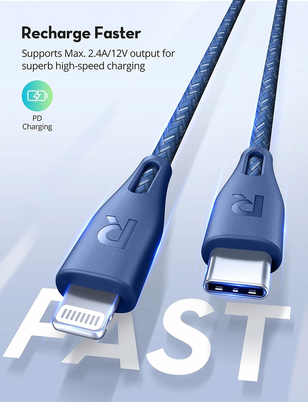 RAVPower Nylon Braided Type-C to Lightning Cable RP-CB1005BLU (2m/6.6ft) - Blue - Image 2