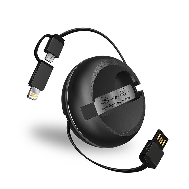 iWalk Retractable 2 in 1 Micro USB and Lightning Cable - Black