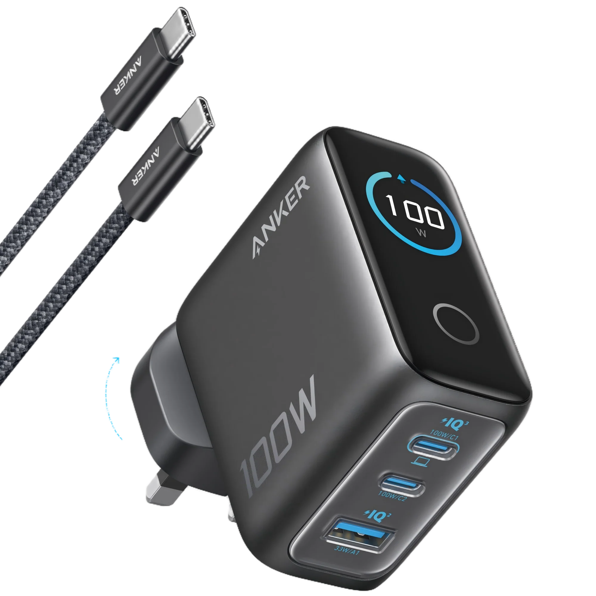 Anker Charger (100W, 3 Ports, Smart Display)