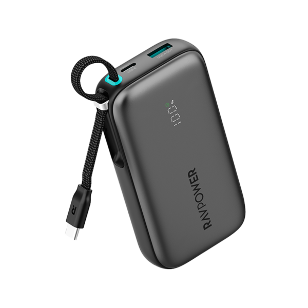 RAVPower PD 45W 10000mAh Power Bank with Built-in USB-C Cable, Black