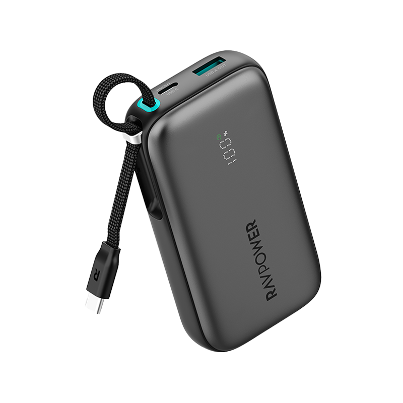 RAVPower PD 45W 10000mAh Power Bank with Built-in USB-C Cable - Black