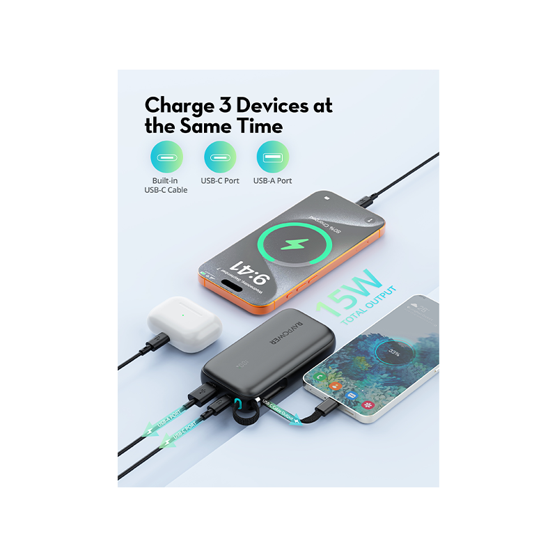 RAVPower PD 45W 10000mAh Power Bank with Built-in USB-C Cable - Black