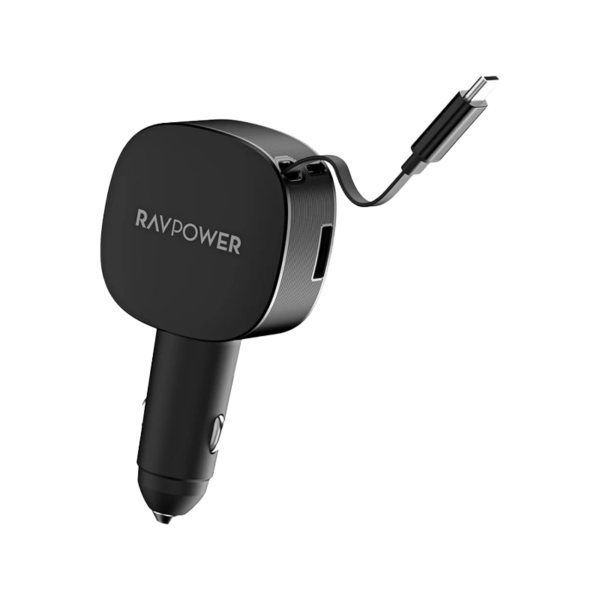 RAVPower PD 60W Car Charger with Built-in USB-C Cable, Black