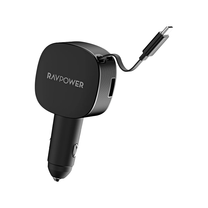 RAVPower PD 60W Car Charger with Built-in USB-C Cable - Black