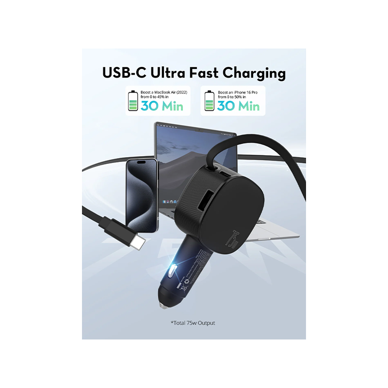 RAVPower PD 60W Car Charger with Built-in USB-C Cable - Black