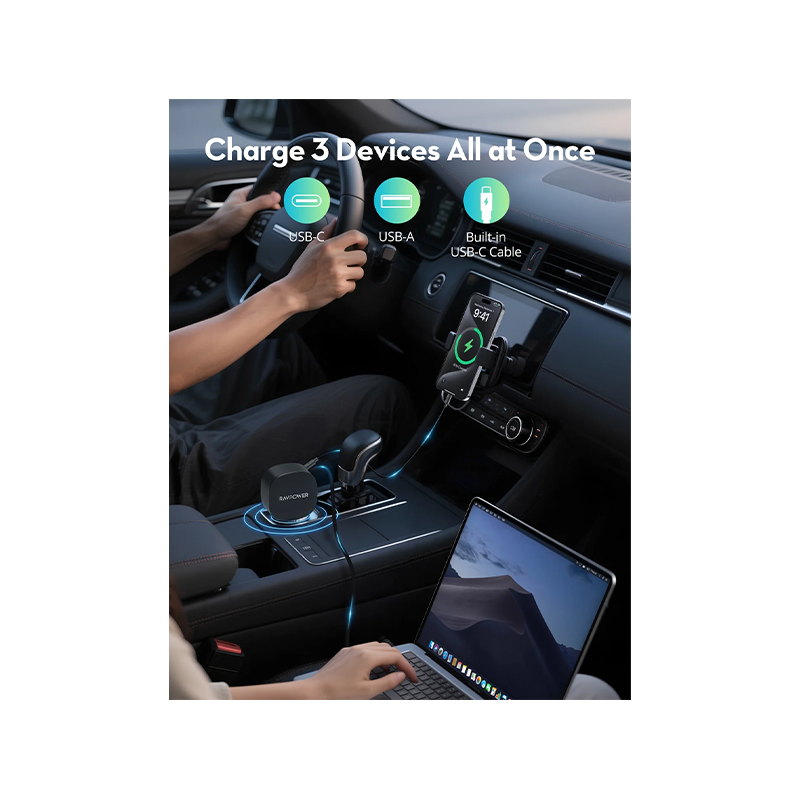 RAVPower PD 60W Car Charger with Built-in USB-C Cable - Black