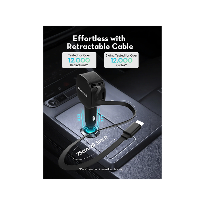 RAVPower PD 60W Car Charger with Built-in USB-C Cable - Black