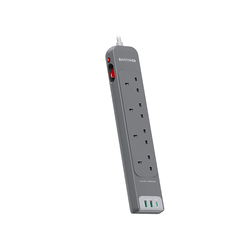 RAVPower 7-Port Power Strip with 4 AC Sockets, USB-C PD 30W & 2 x USB-A (3M Cable)