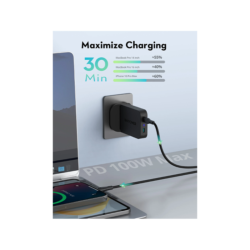 RAVPower GaN PD 100W 2-Port USB-C Wall Charger - Black