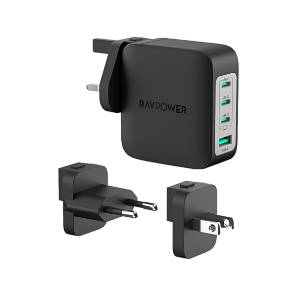 RAVPower GaN PD 140W 4-Port Wall Charger (3 x USB-C + 1 x USB-A), Black