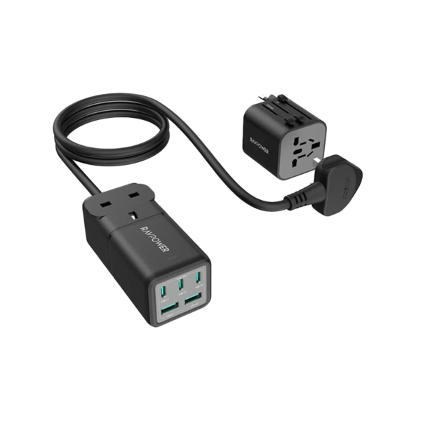 RAVPower 75W 5-Port Desk Charger with AC Socket (3 x USB-C + 2 x USB-A), Black