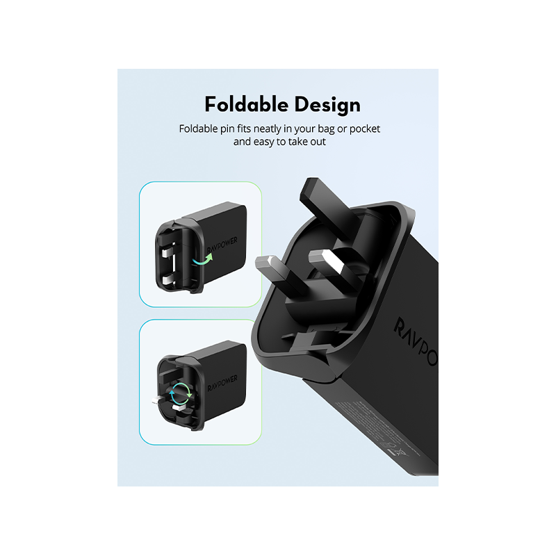 RAVPower GaN PD 60W 2-Port USB-C Foldable Wall Charger - Black