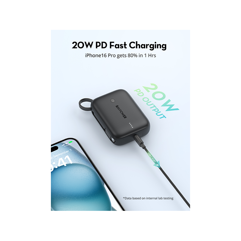 RAVPower PD 20W 10000mAh 3-Port Power Bank with Built-in USB-C Cable