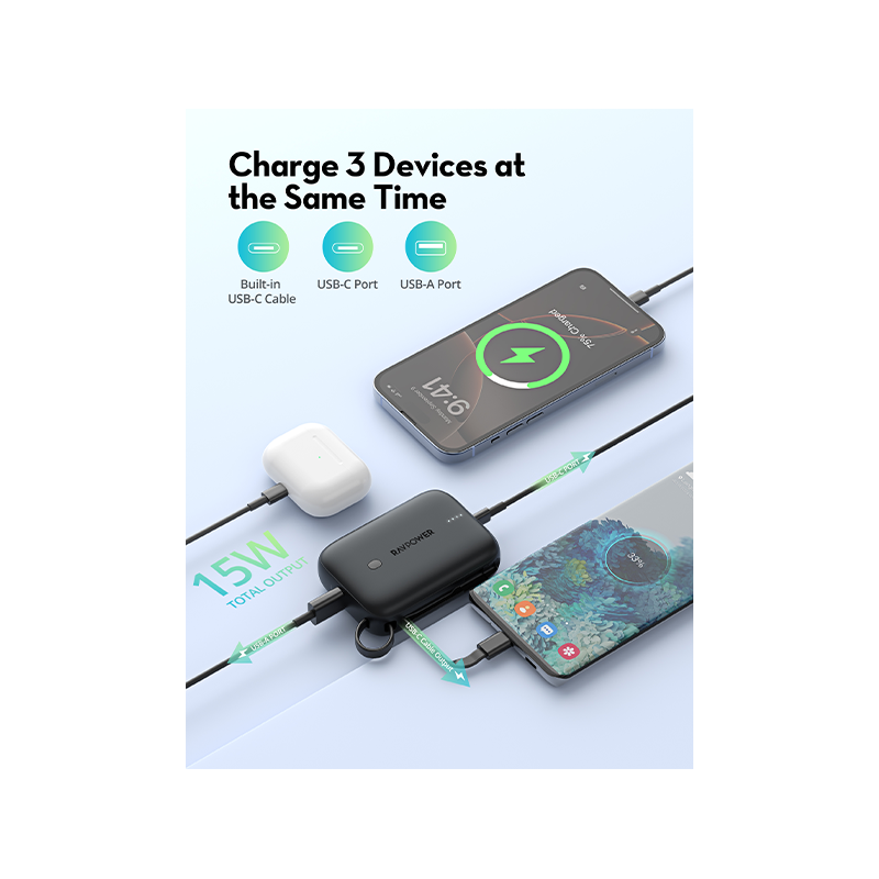 RAVPower PD 20W 10000mAh 3-Port Power Bank with Built-in USB-C Cable