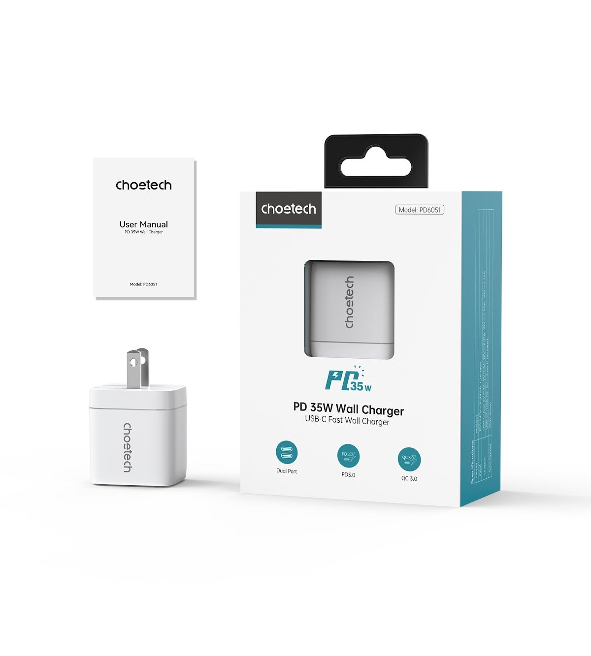Choetech NexGen 35W GaN Dual USB-C Charger with Display, White