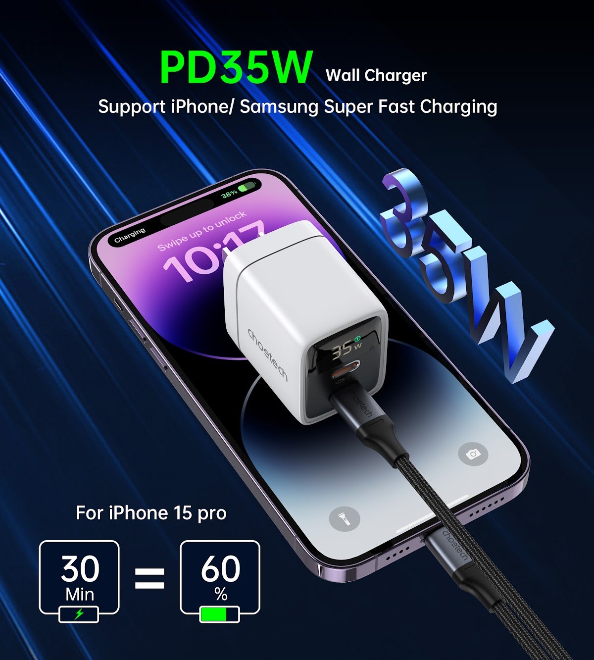 Choetech NexGen 35W GaN Dual USB-C Charger with Display, White