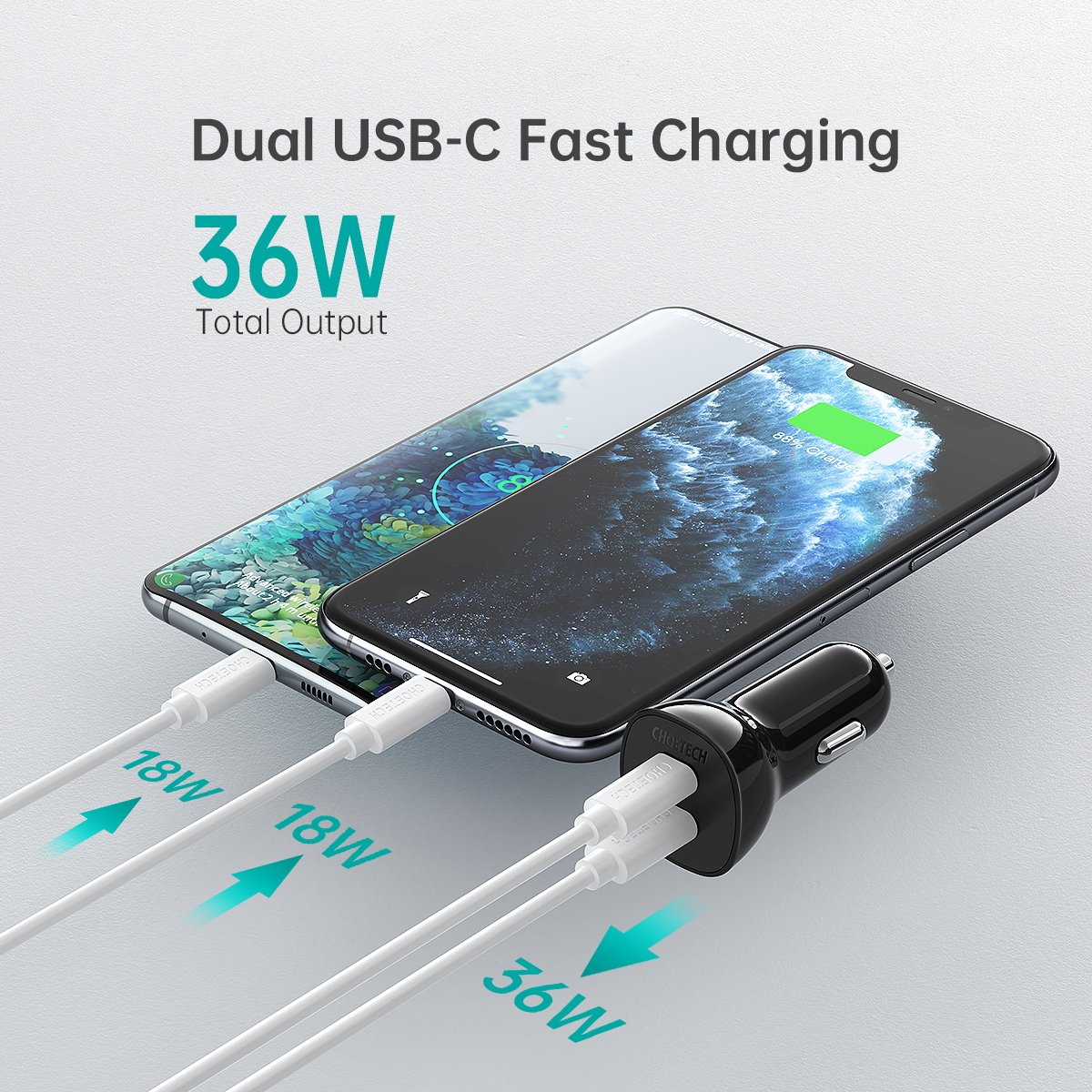 Choetech ZapUp 60W Dual USB-C Car Charger, Black