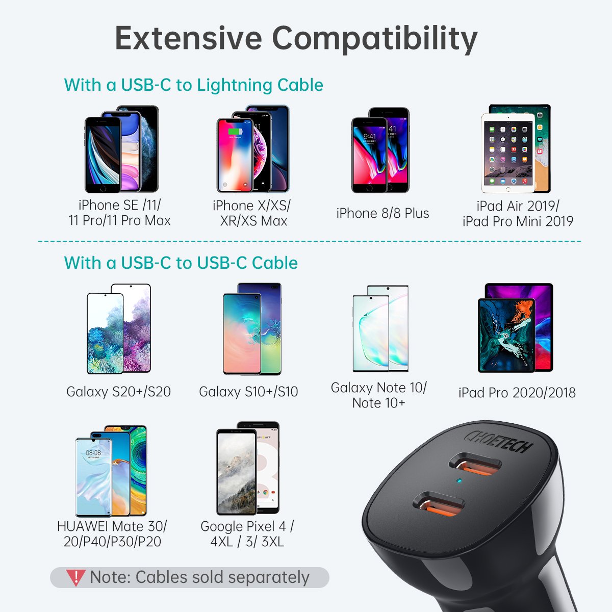 Choetech ZapUp 60W Dual USB-C Car Charger, Black